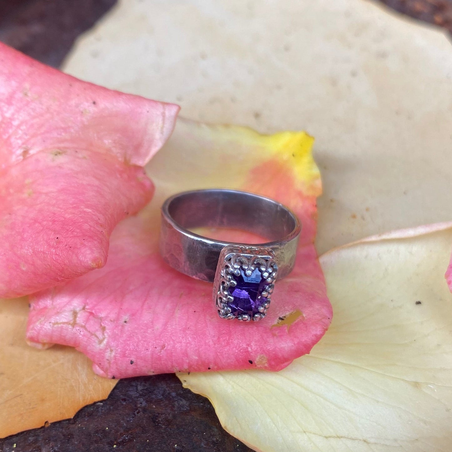 Tiny Rectangle Faceted Amethyst Ring