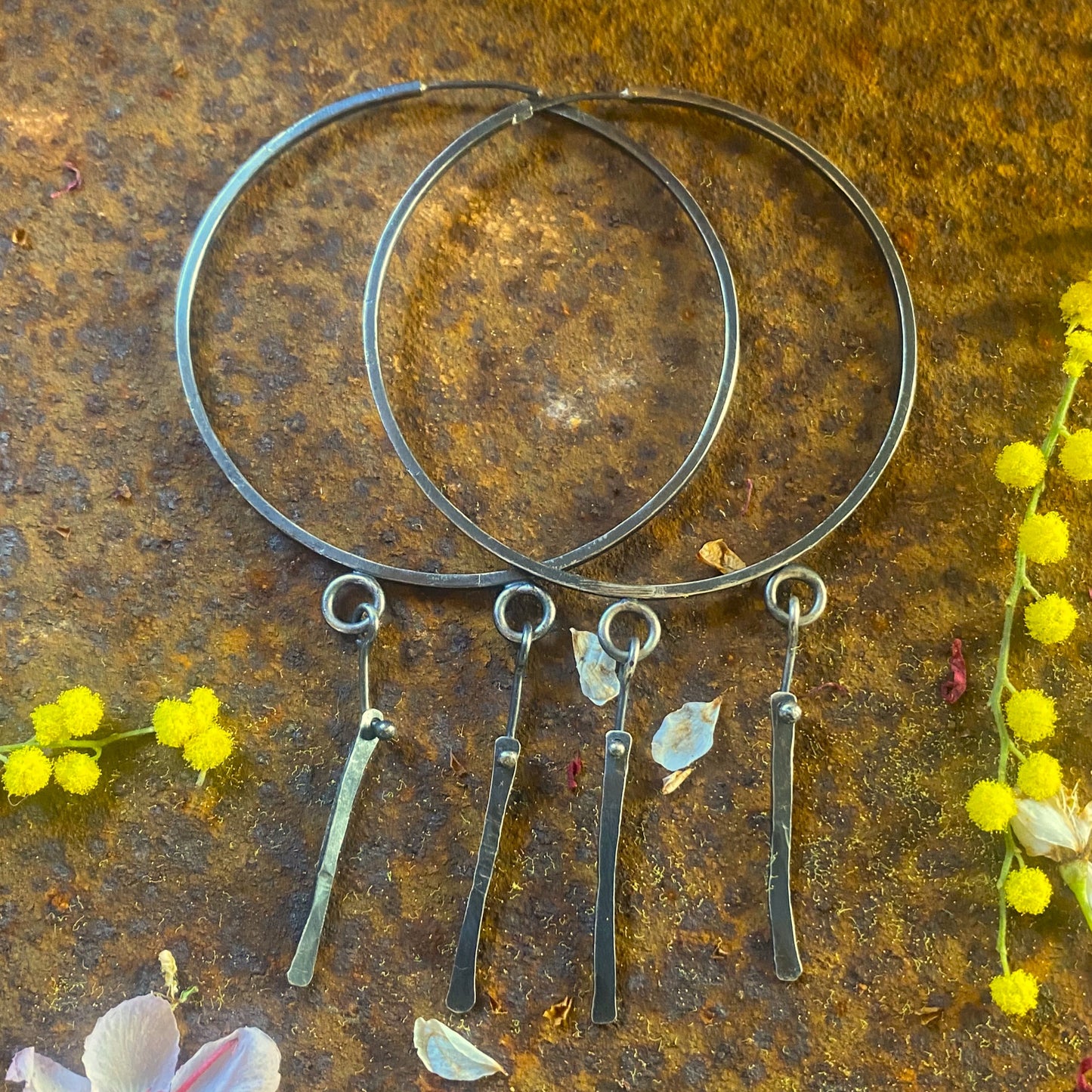 Large Hoops with hand forged dangles