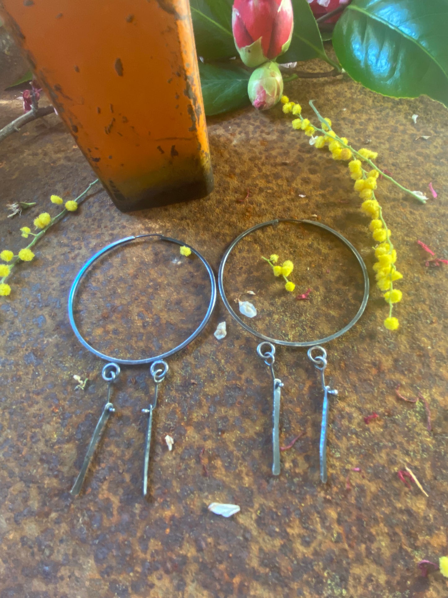 Large Hoops with hand forged dangles