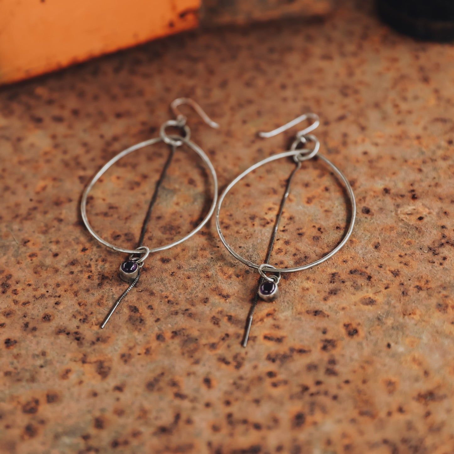 Oval Dangle Earrings with Amethyst Charm