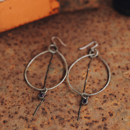 Oval Dangle Earrings with Amethyst Charm