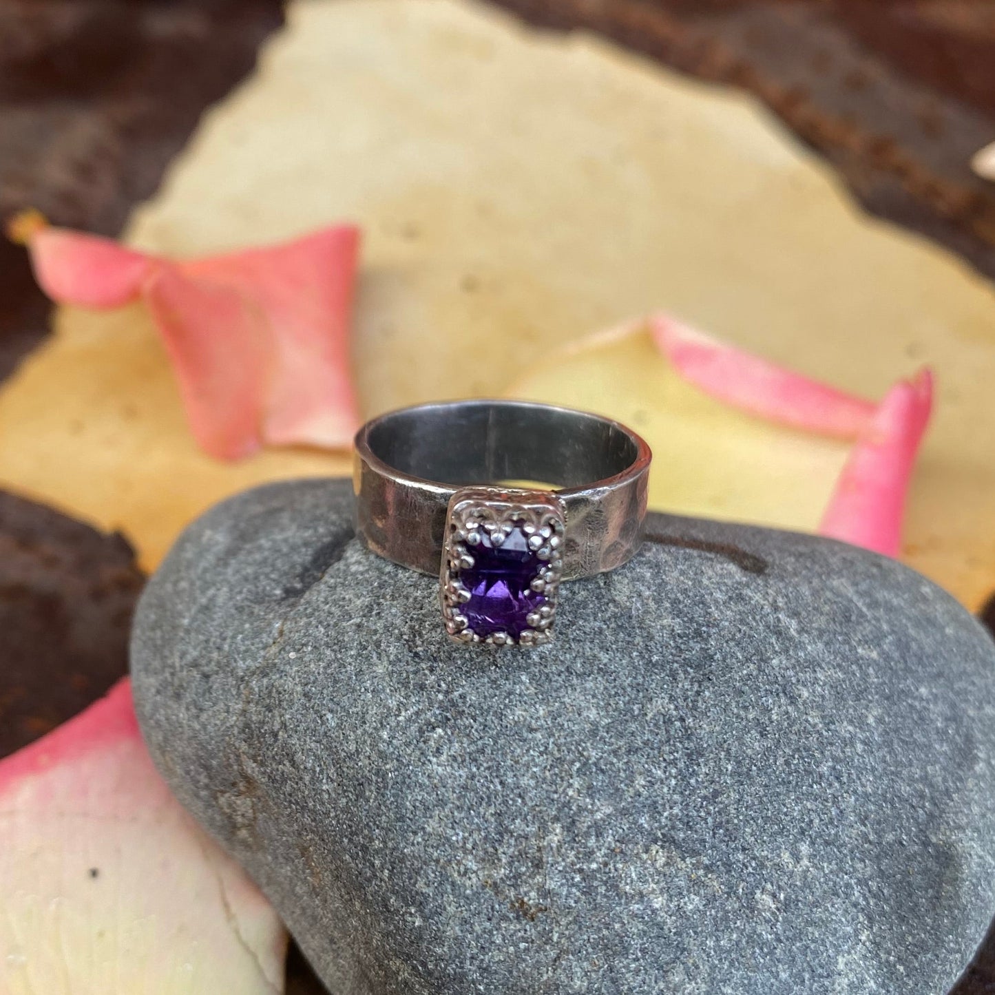 Tiny Rectangle Faceted Amethyst Ring