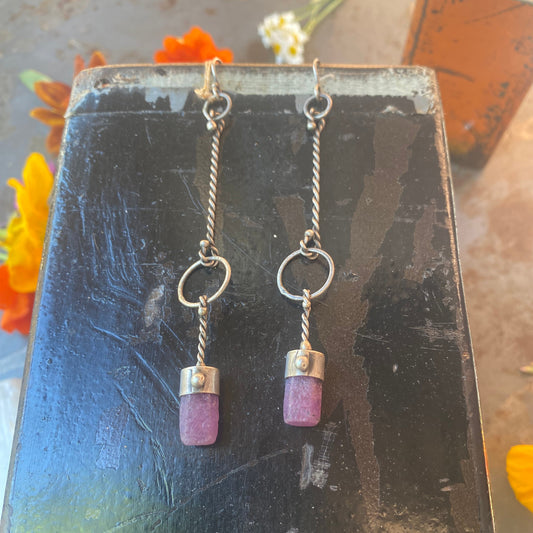 Raw ruby dangle earrings from Guinea with twisted handforged sterling silver