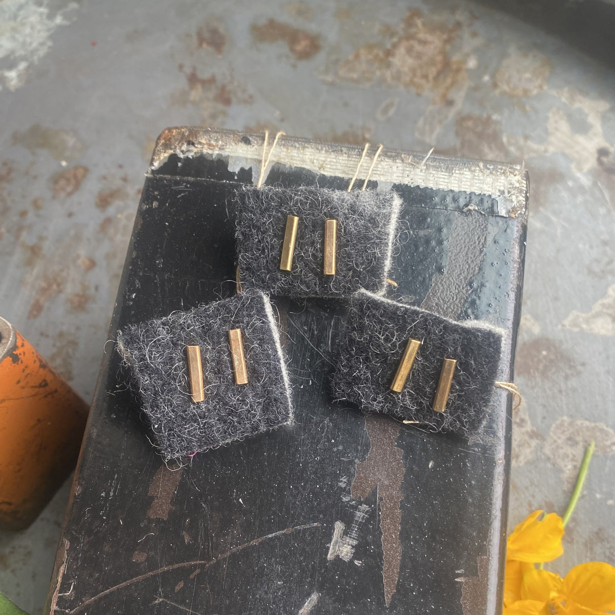 Tiny handmade brass and bronze bar post earrings