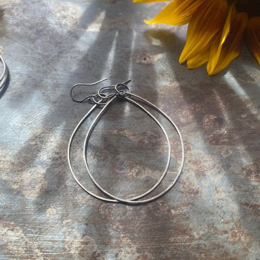 Hand-forged sterling silver oval dangle earrings, handmade artisan jewelry